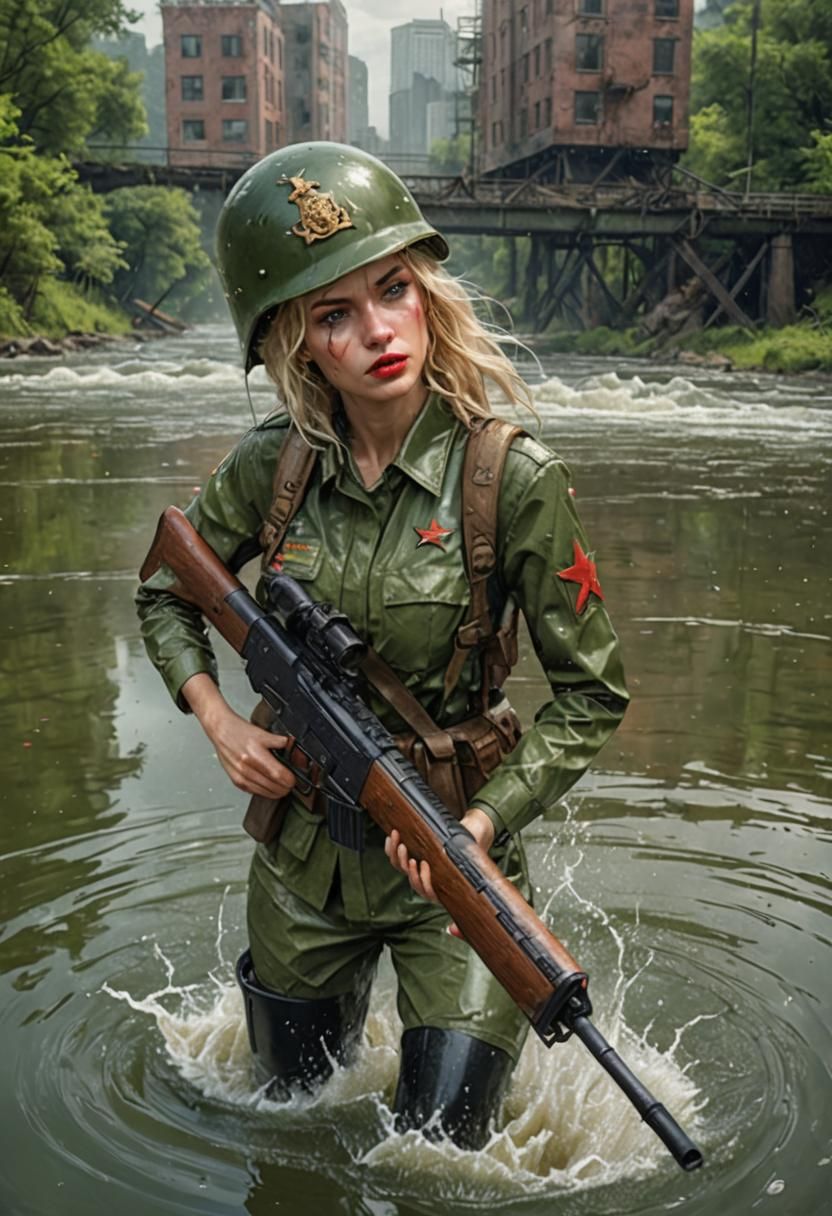 Glamorous Soldier Crossing River in Detailed Digital Art