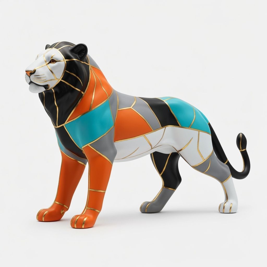 Geometric Lion Sculpture in Kintsugi Style