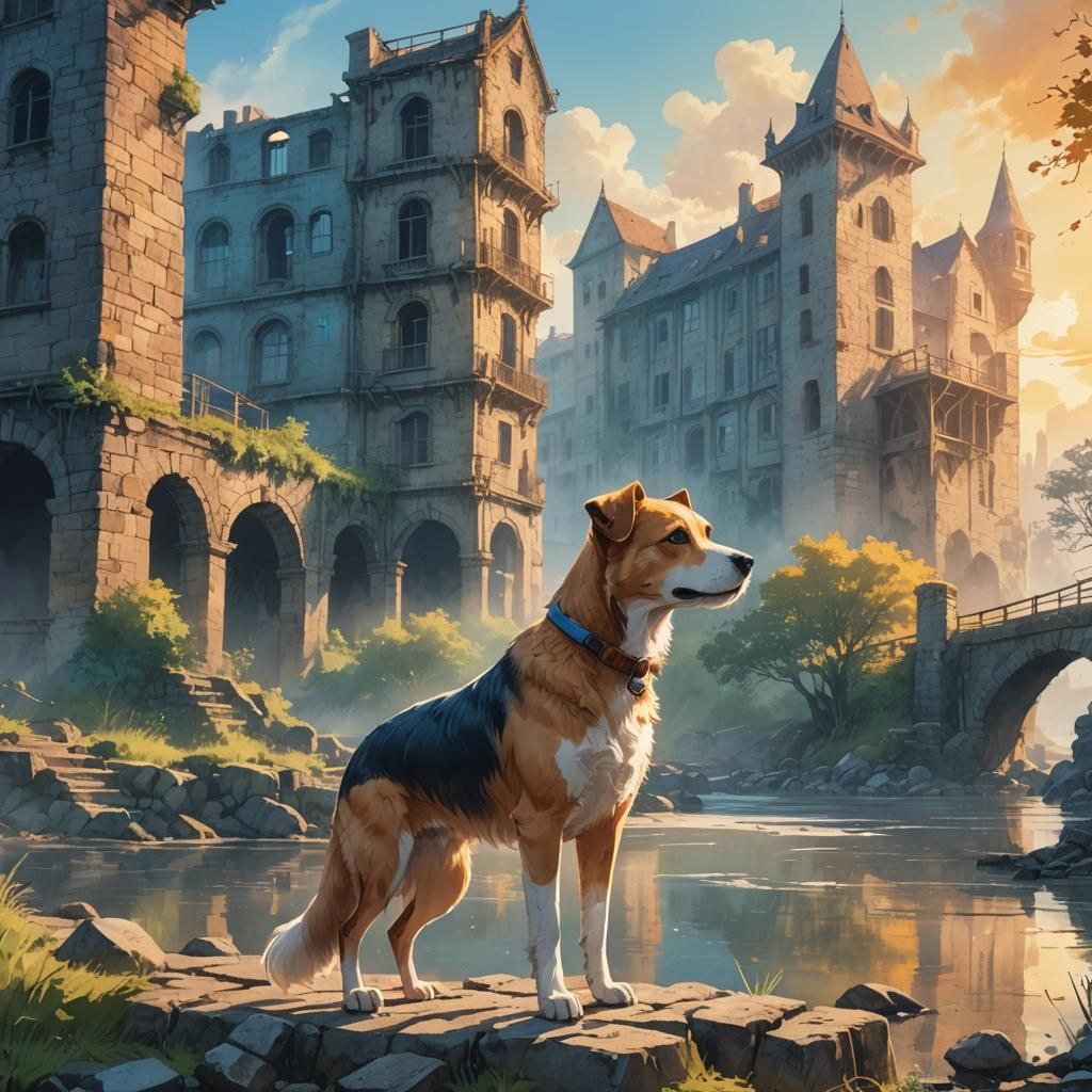 Anime Dog by River with Ancient Ruins