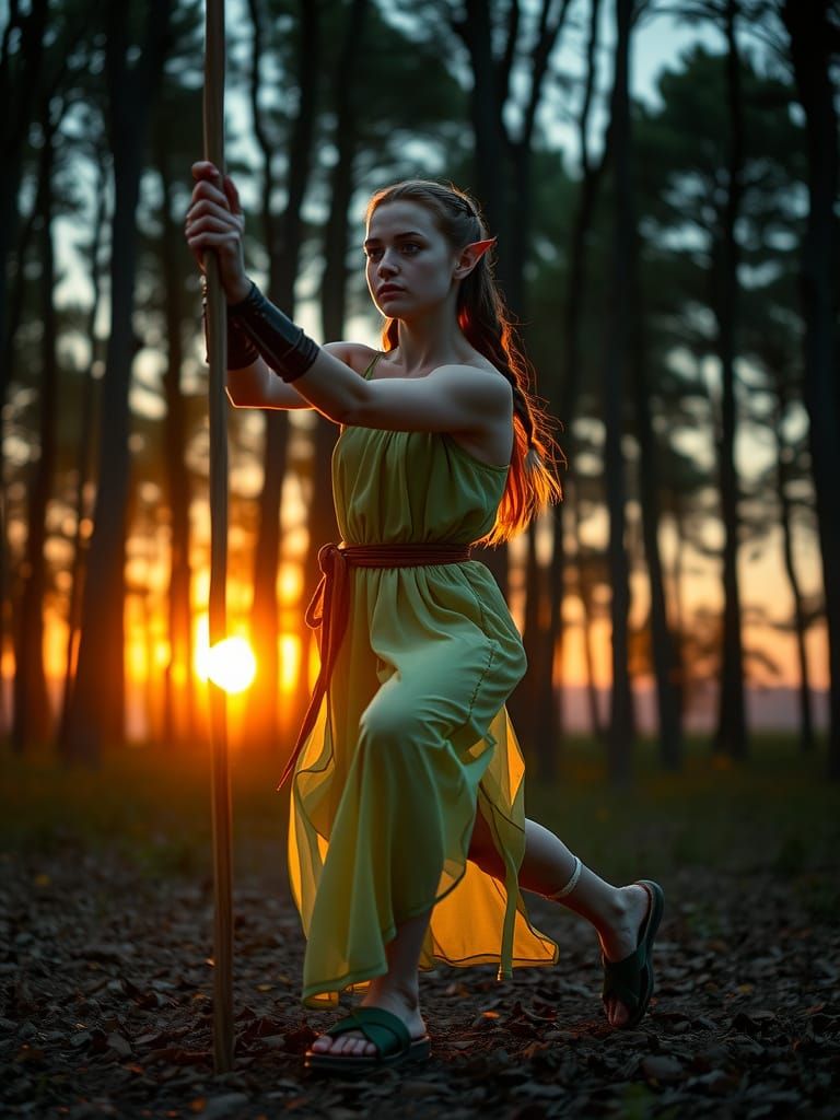 Elf Assassin Training in Fiery Gown at Sunset