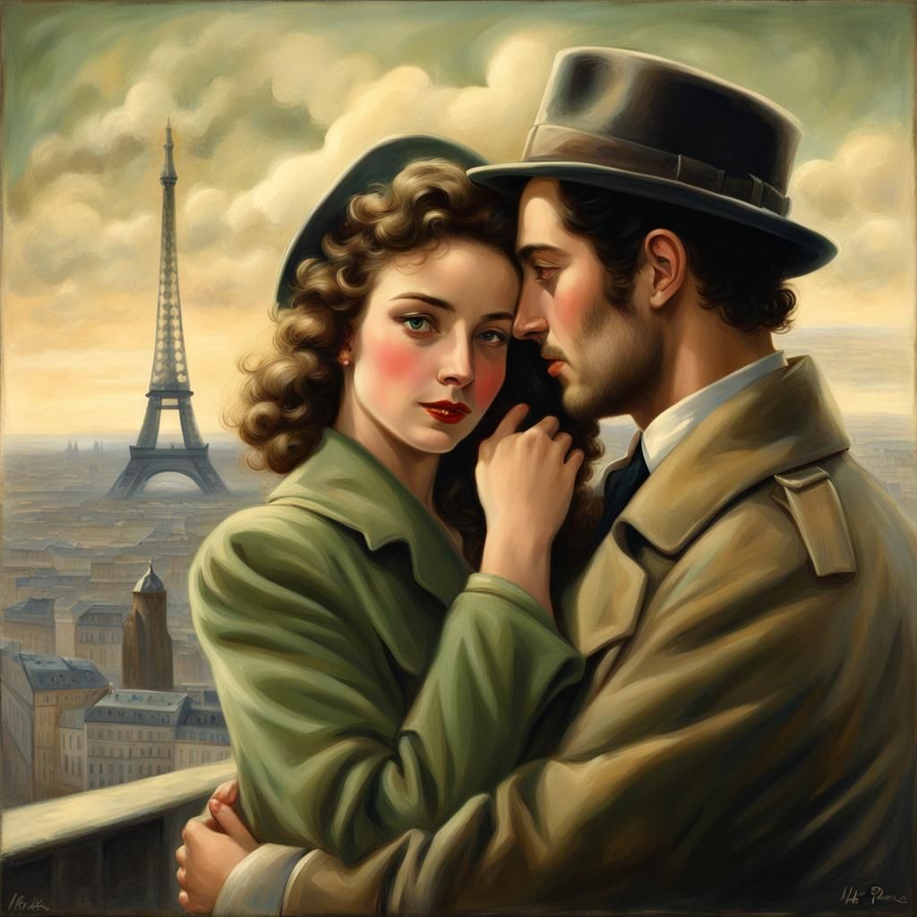 Romantic Couple in Paris, 1930s Matte Painting