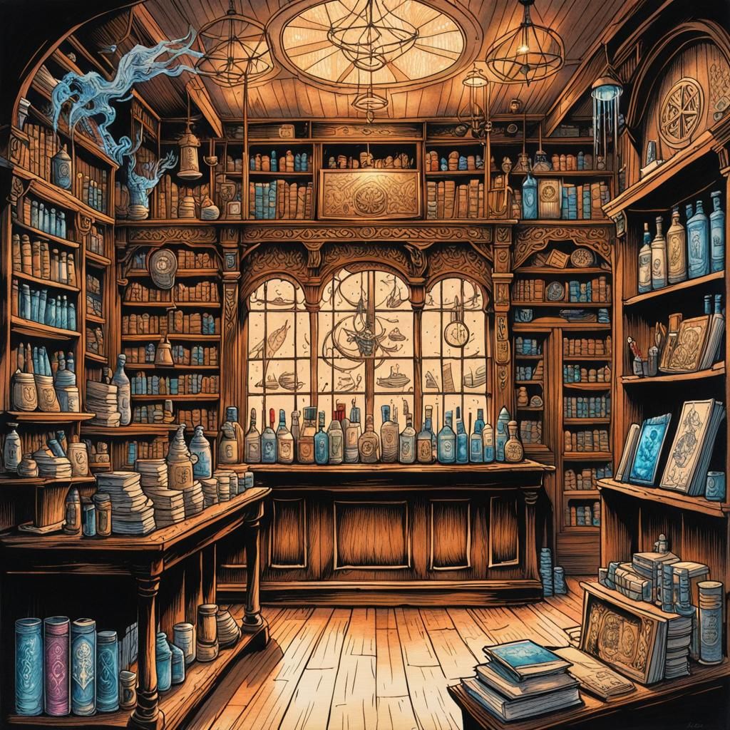 Magic Shop Interior in Ink and Watercolor Style