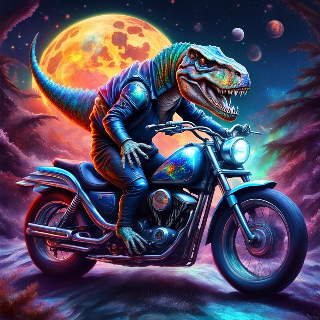 T-Rex Biker in Holographic Cosmic Illustration