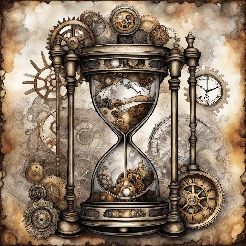 Steampunk Hourglass with Klimt-Inspired Ink Illustration