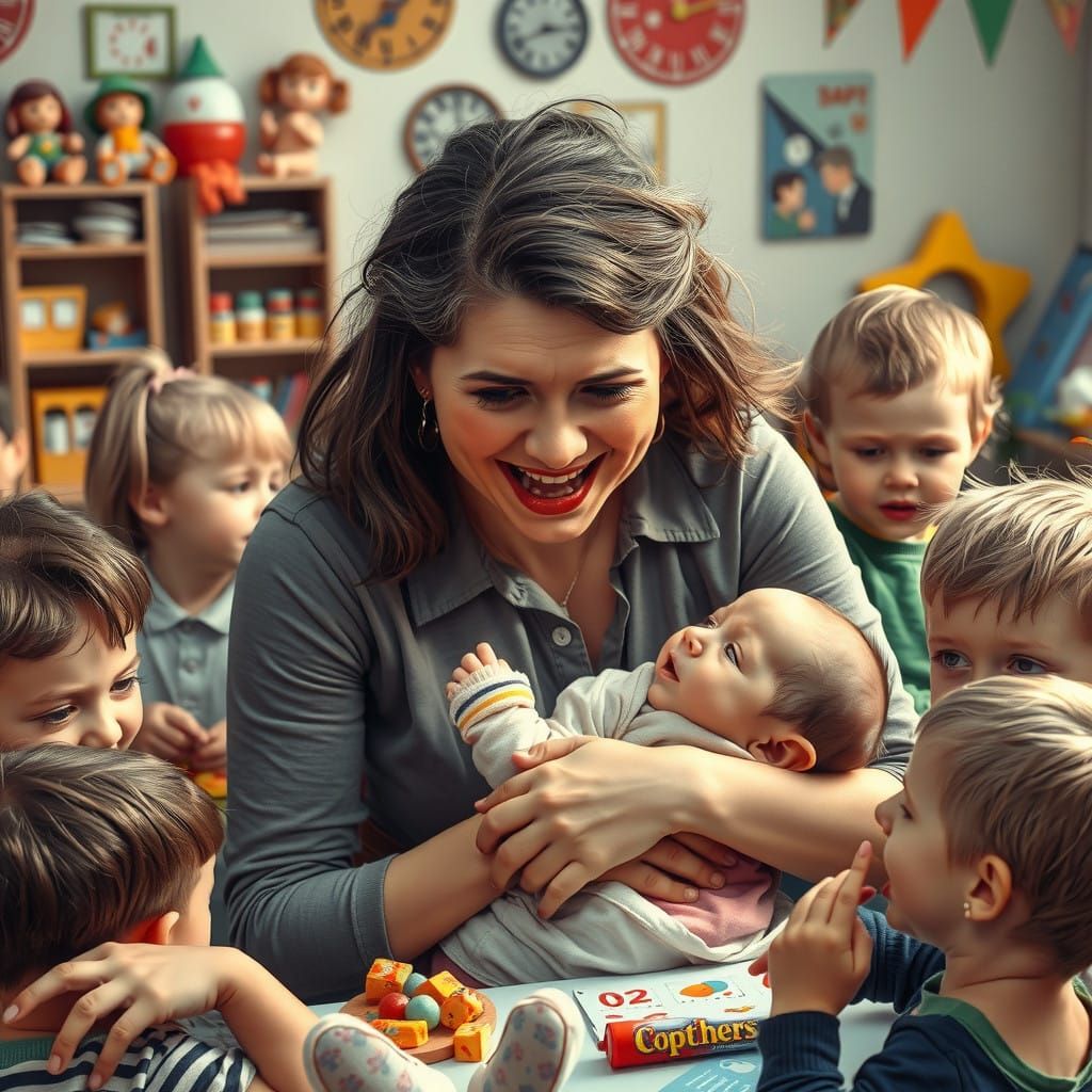 Nurturing Daycare Teacher Amidst Whimsical Chaos