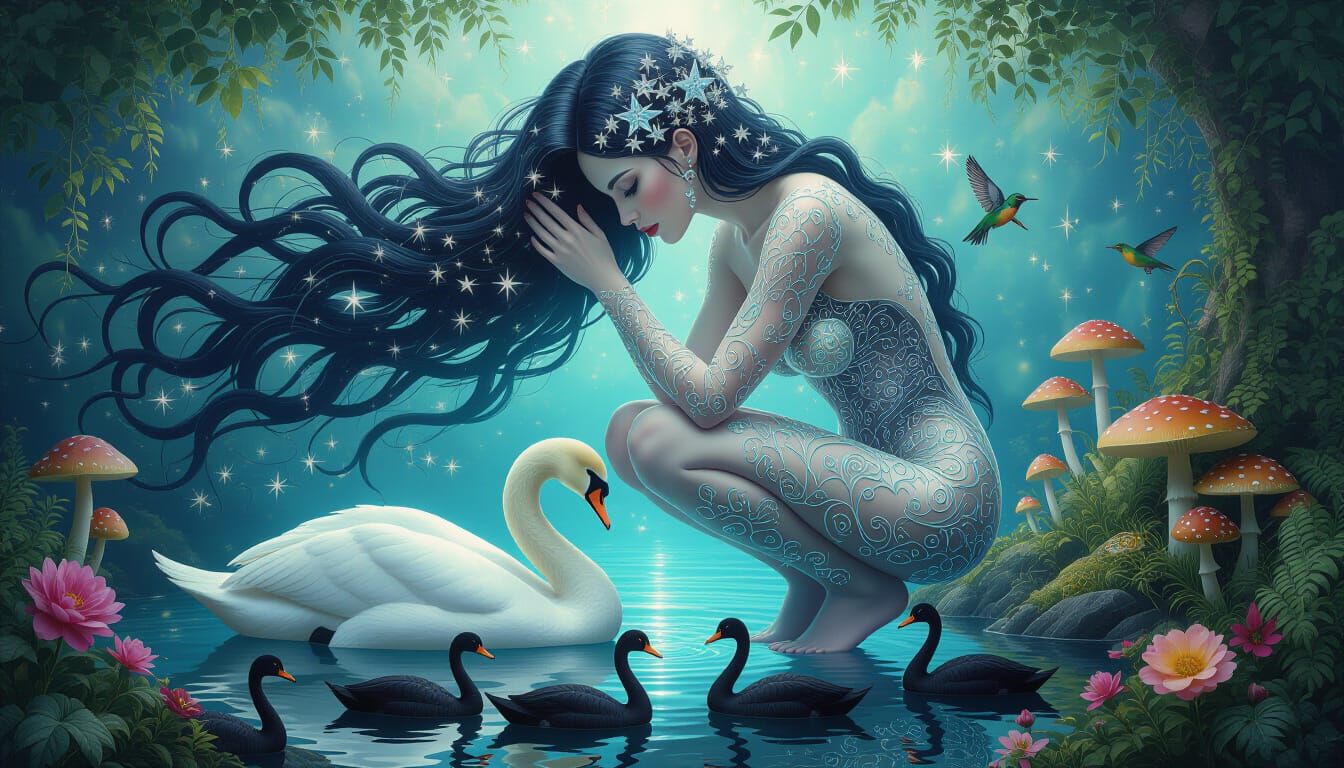 Surreal Bioluminescent Sculpture Embracing Swan