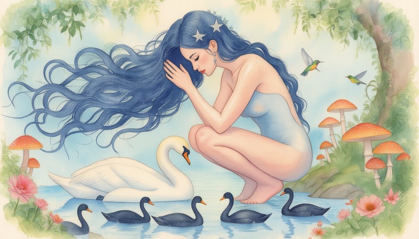 Surreal Fragmented Sculpture of Woman and Swans