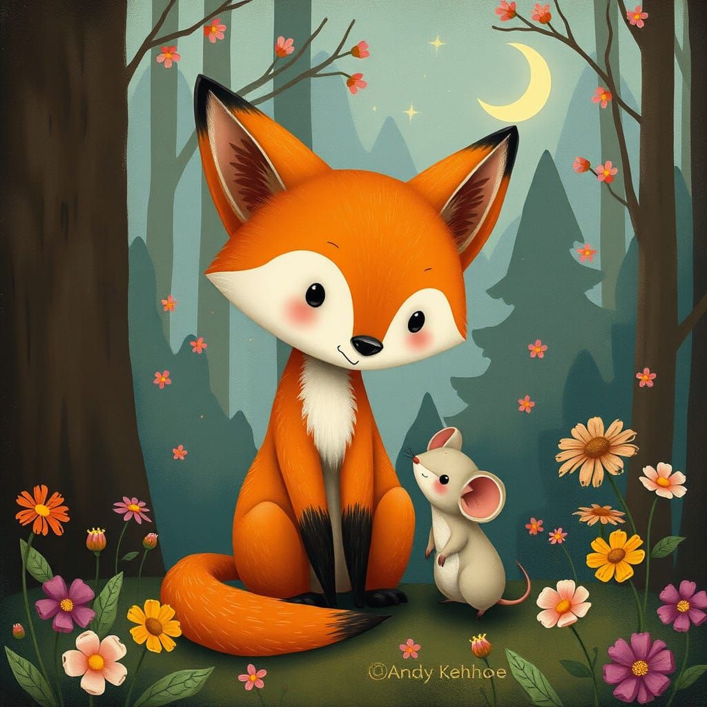 Fox and Mouse in Whimsical Forest Scene