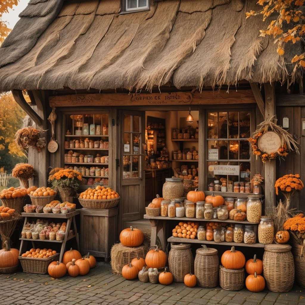 Autumn Candy Shop with Pumpkins and Thatched Roof