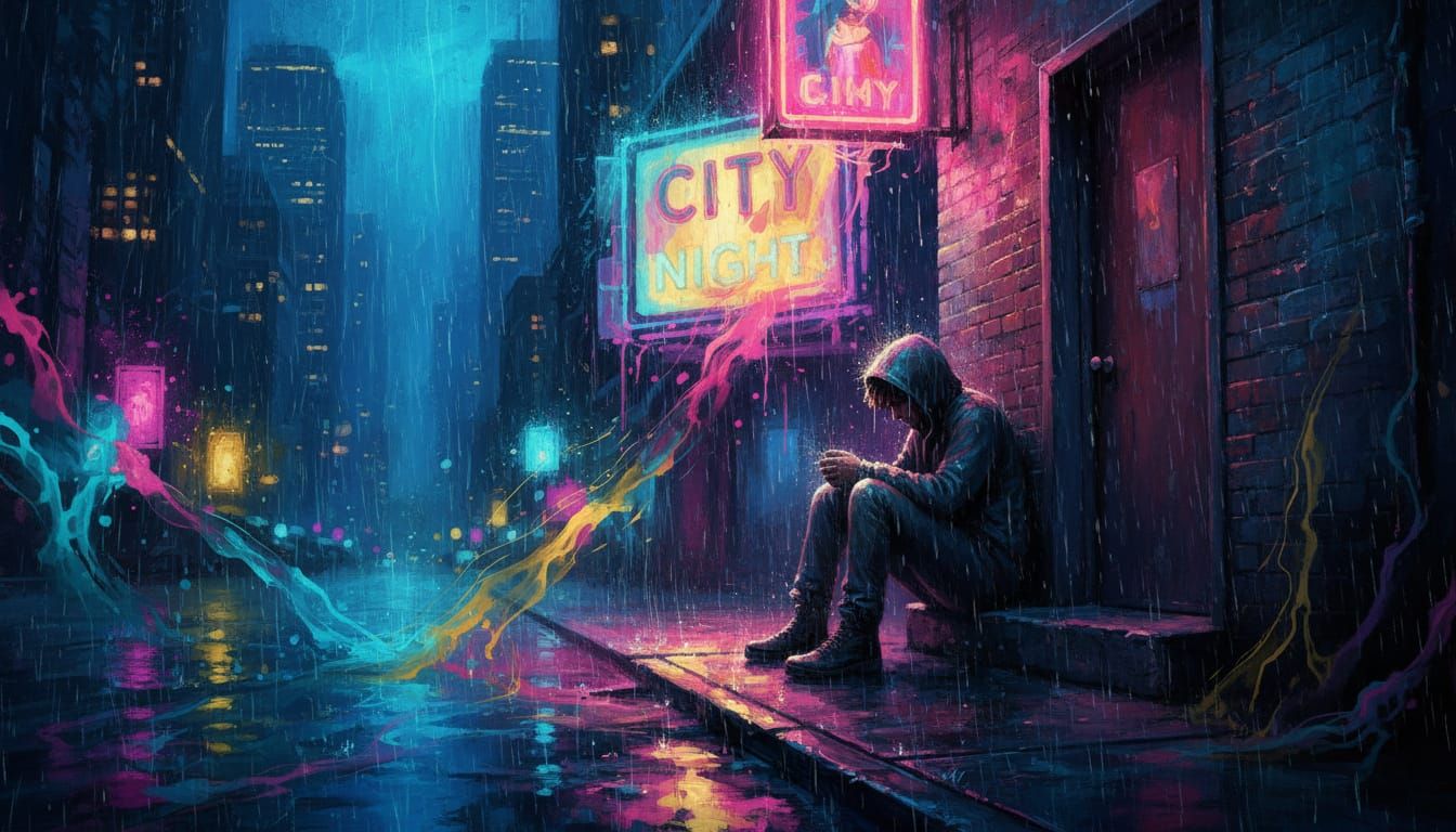 Man Huddled in Doorway, City Nightscape Oil & Ink Painting