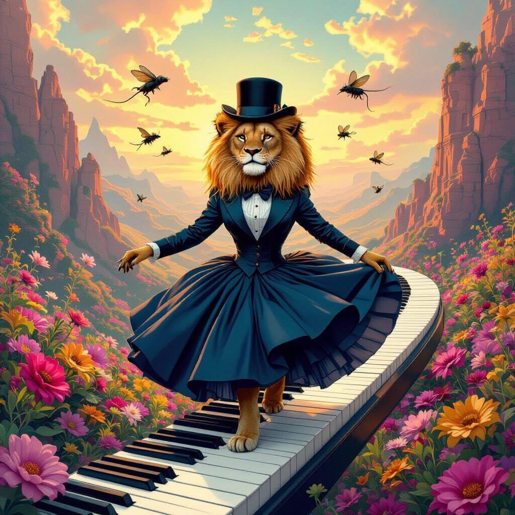 Lion in Ballroom Dress on Piano Keyboard