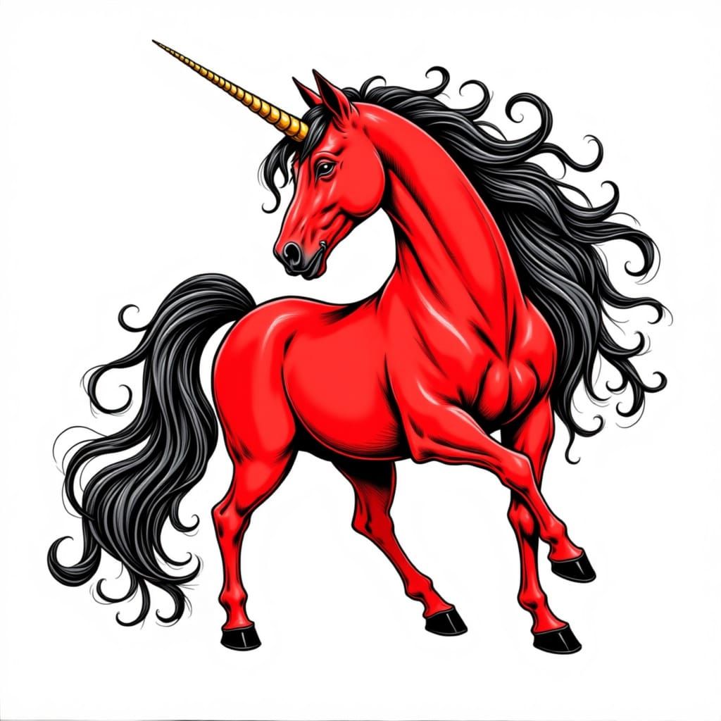 Red Unicorn with Golden Horn, Comic Style Drawing