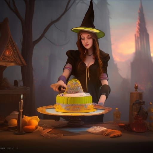 Whimsical Witch Baking Cake: Fantasy Art