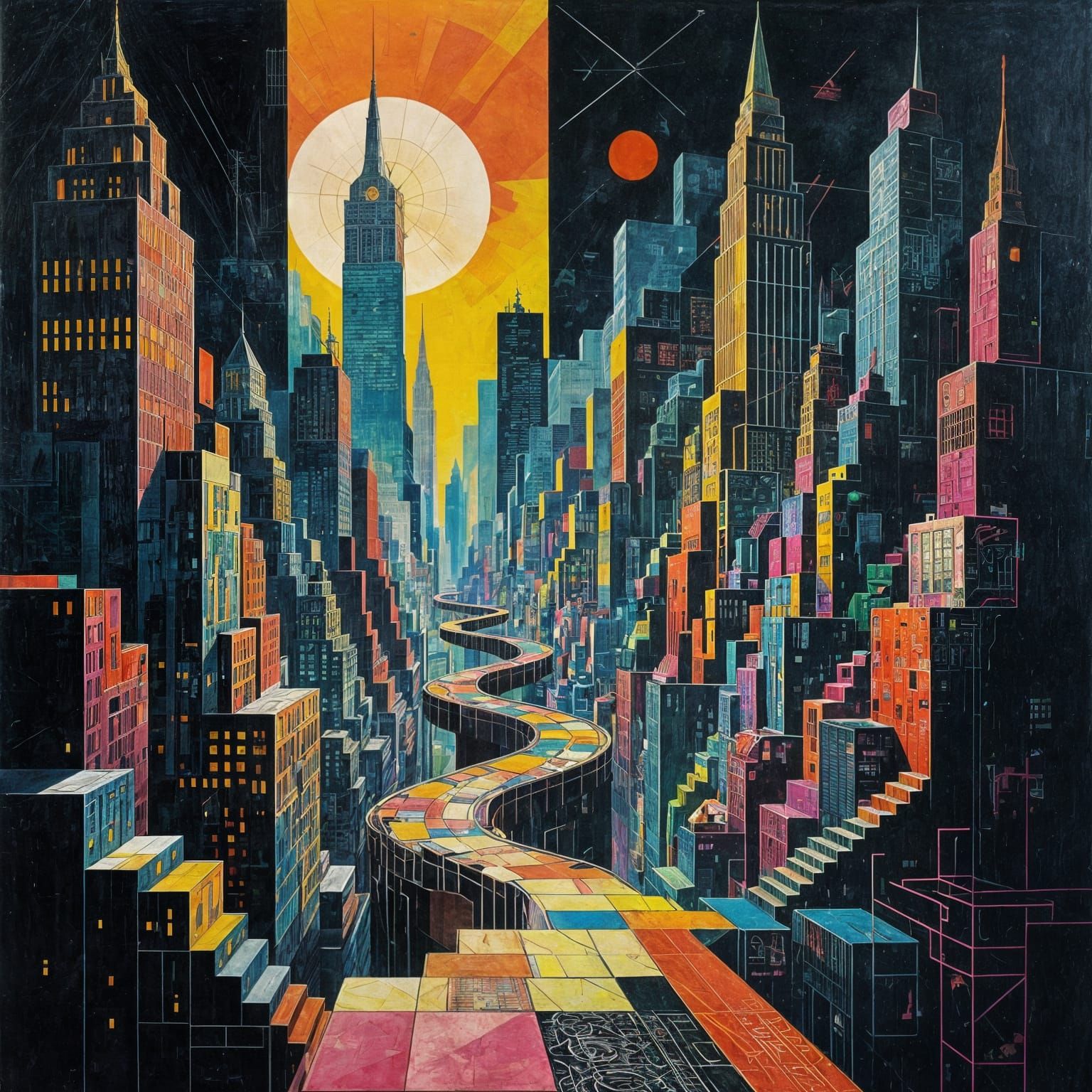 Dürer style Mathematical and cubist art technique melting in...