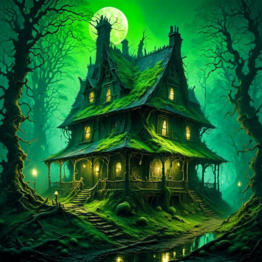 Spooky Cottage in Dark Fantasy Forest with Green Mist