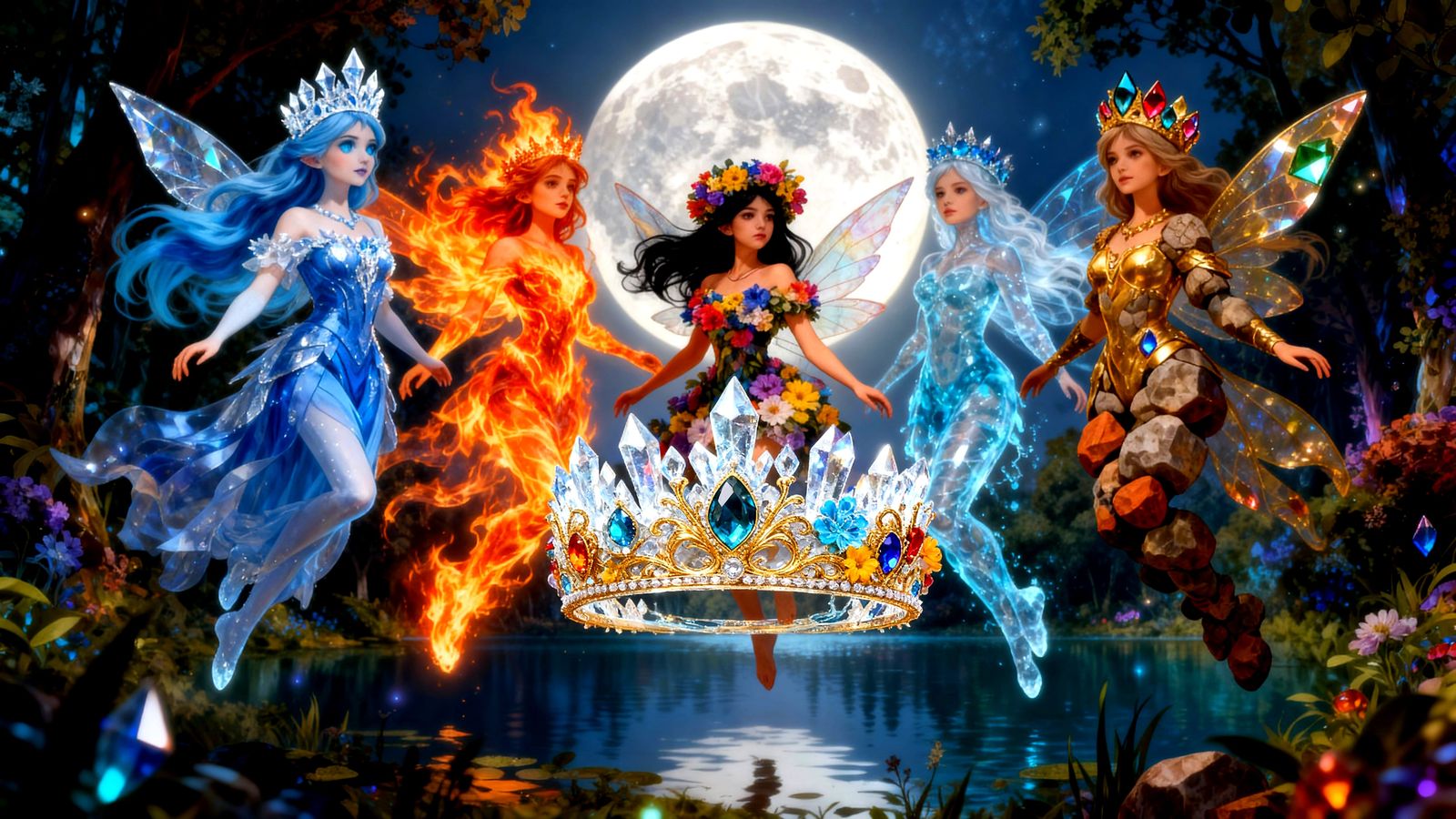 Exquisite Crown of Ice, Fire, Flowers, Gems