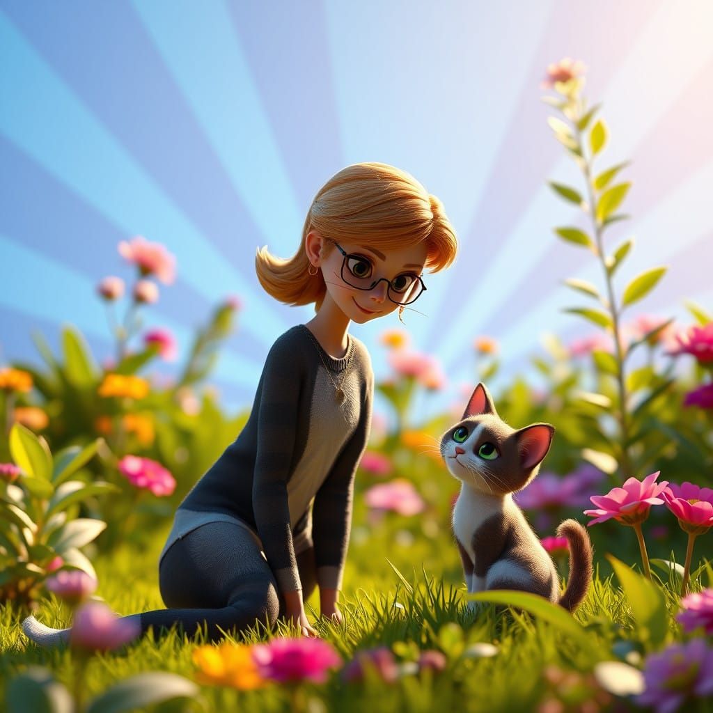 Whimsical Feline Duo in Vibrant Garden Scene