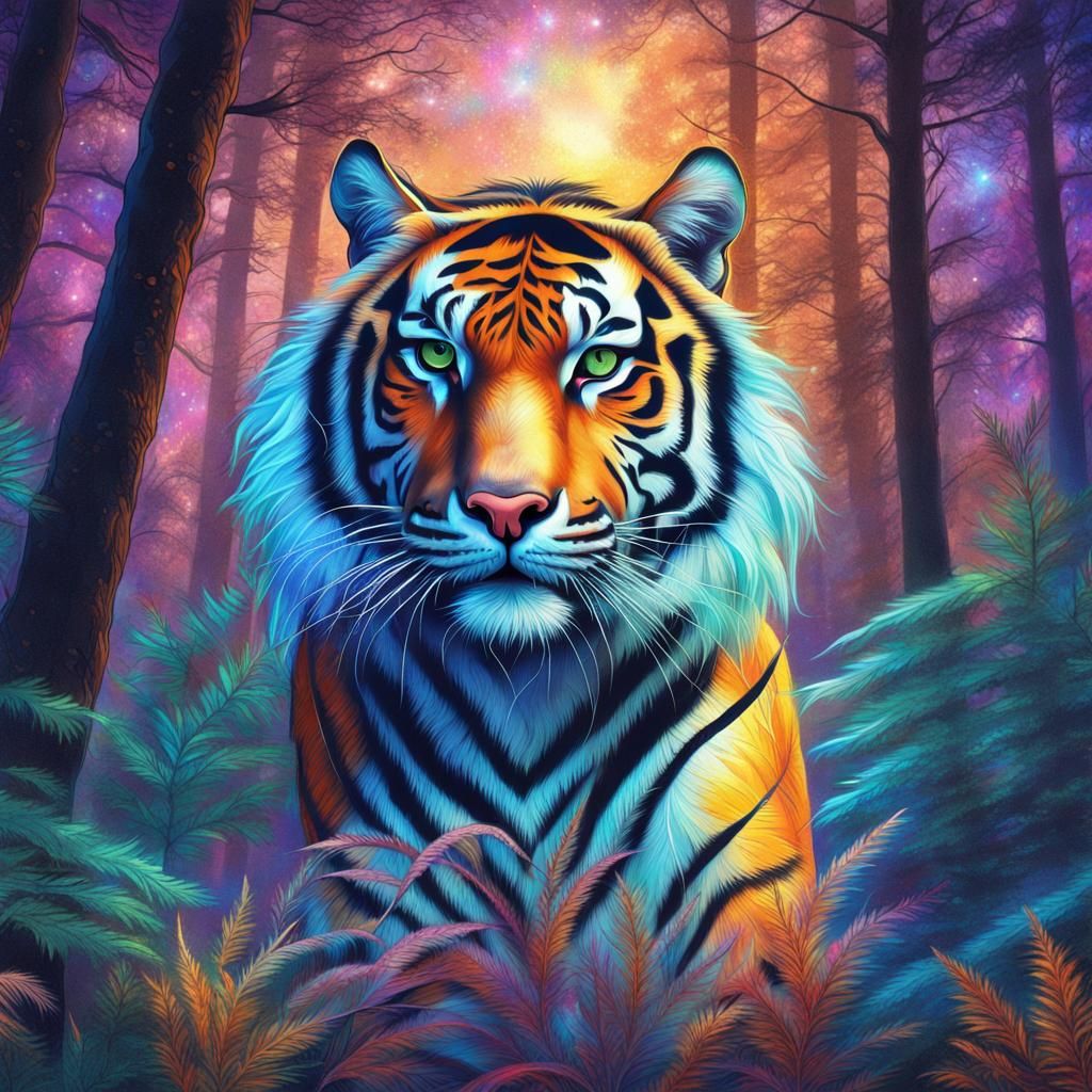 Cosmic Native American Tiger in Holographic Forest