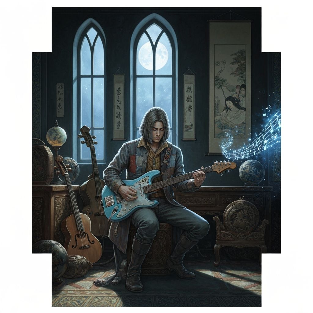 Solarpunk Minstrel Conjures Portal with Cyberpunk Guitar