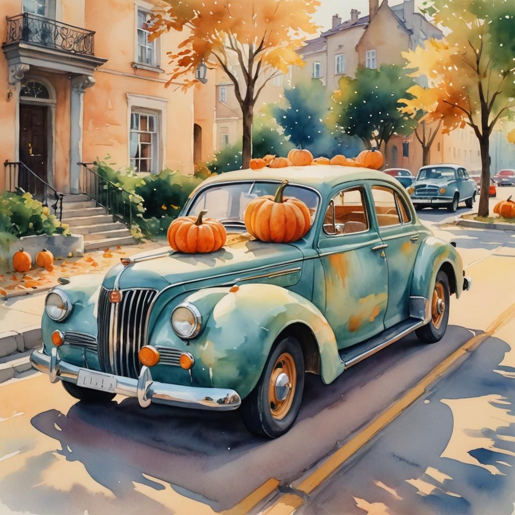 Vintage Car with Pumpkin, Watercolor Painting