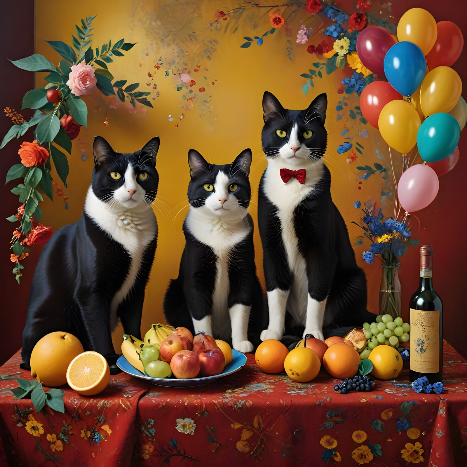 Whimsical Felines in a Vibrant Post-Impressionist Celebratio...