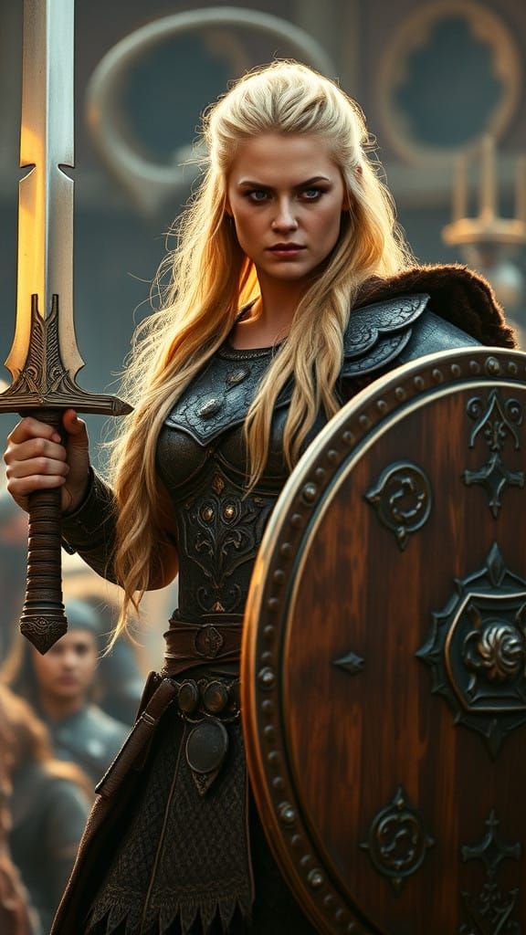 Strong Nordic Valkyrie Wields Sword in Valhalla