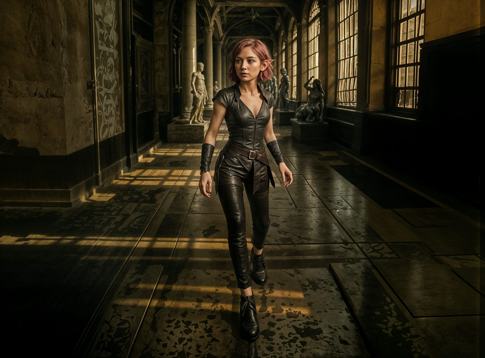 Elven Woman's Museum Adventure in Sunlight