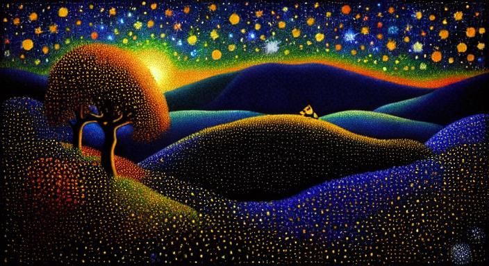 Pointillist Owl Soaring in Starry Night Sky