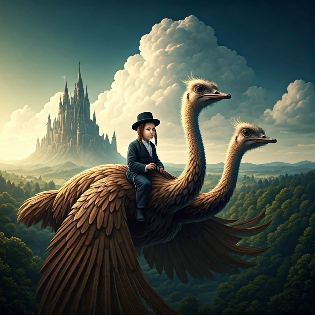Majestic Young Rabbi on Two-Headed Ostrich soars Amidst Fant...