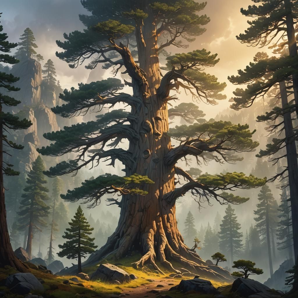 Majestic Firniel Pine in Misty Valley Concept Art