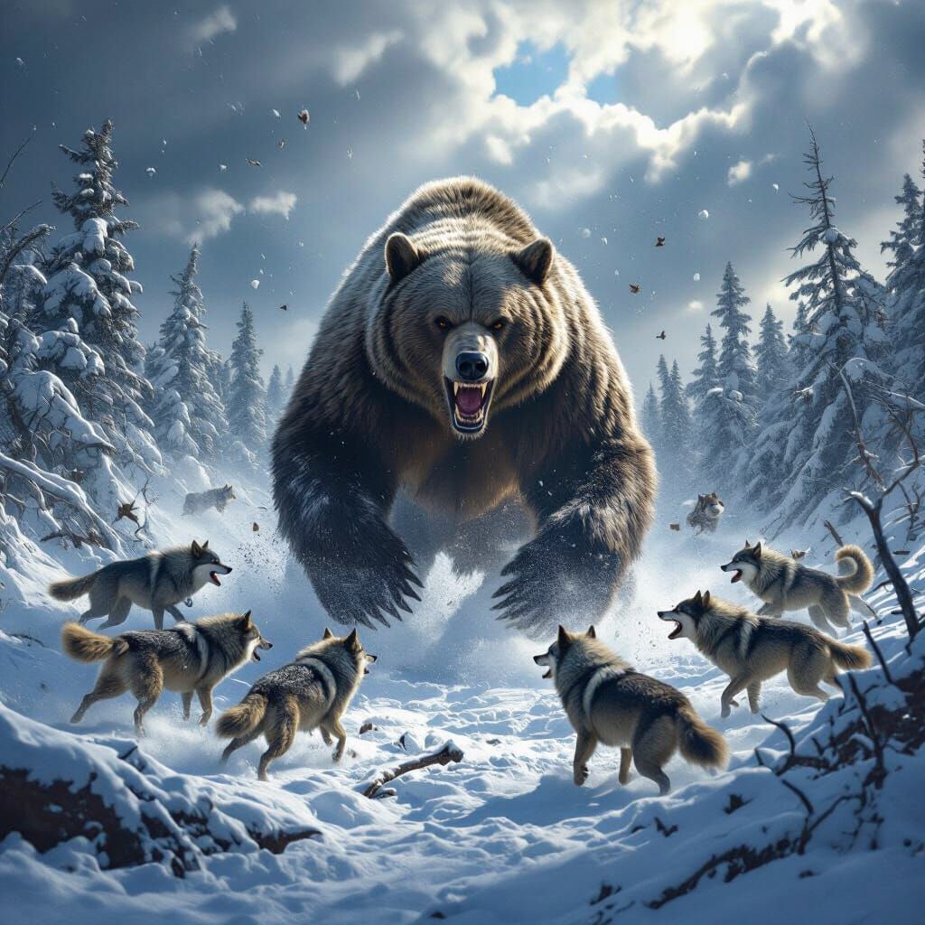 Grizzly Bear Battles Wolves in Snowy Forest Epic