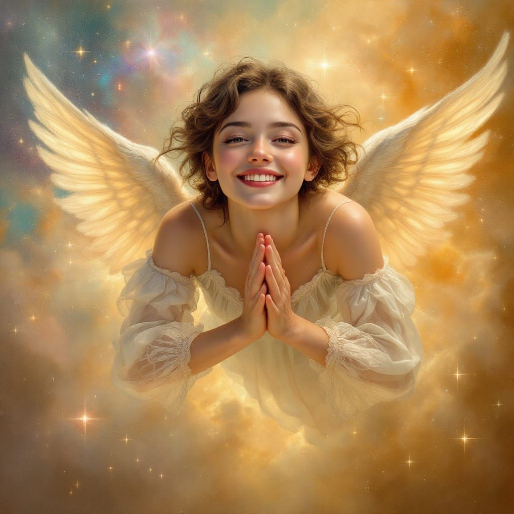 Translucent Angel in Cosmic Starlit Sky: Classical Oil Paint...