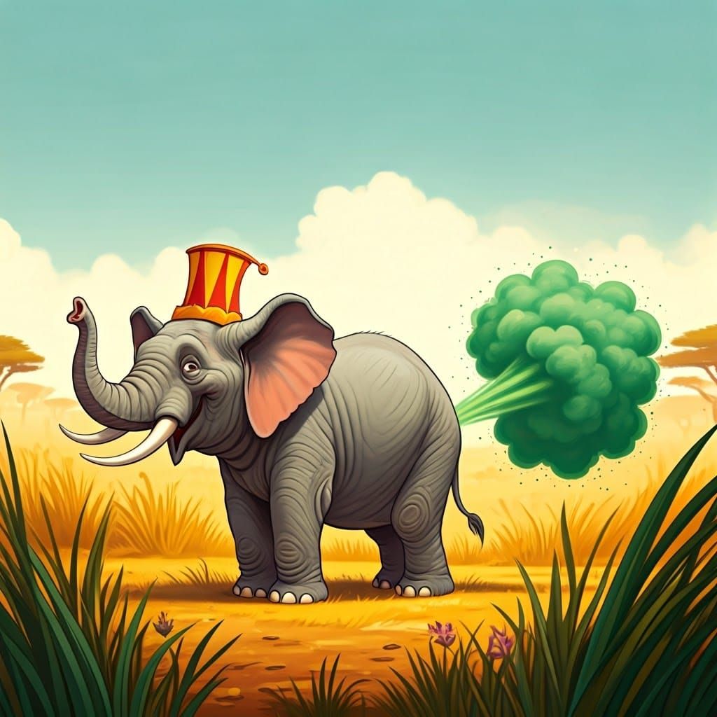 Elephant's Whimsical Fart in Children's Book Style