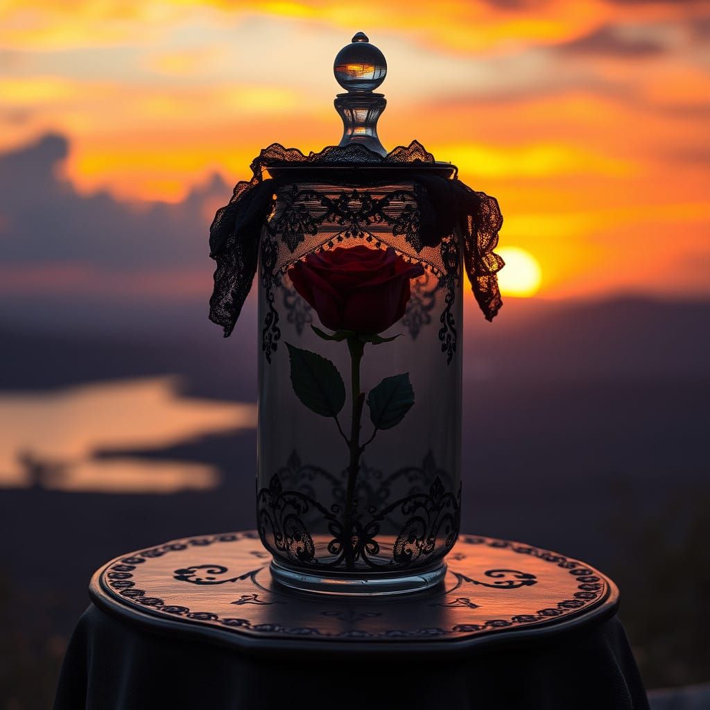 Ethereal Sunset Tea Setting with Black-Laced Rose
