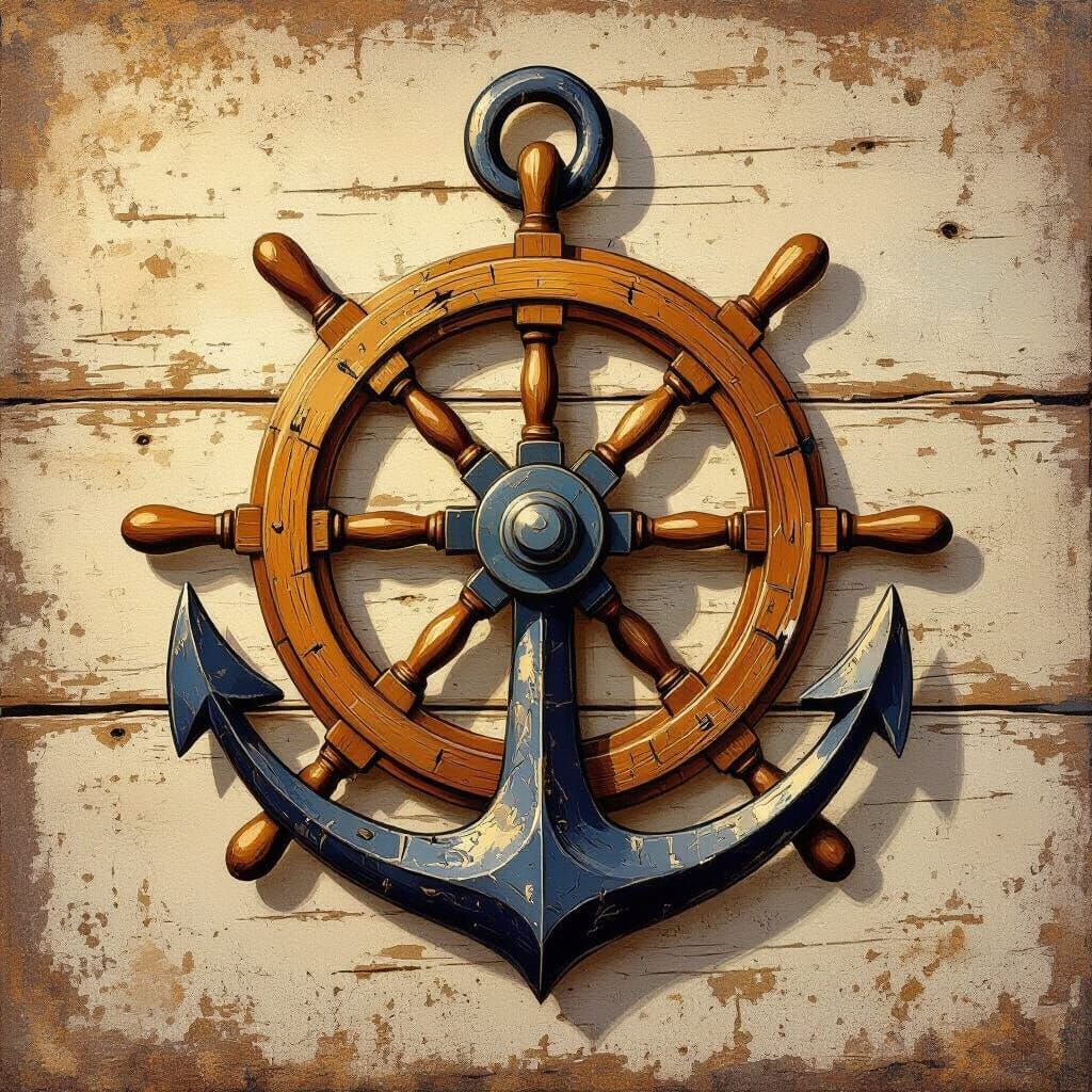 Stylized Anchor and Wheel in Marine Art Style