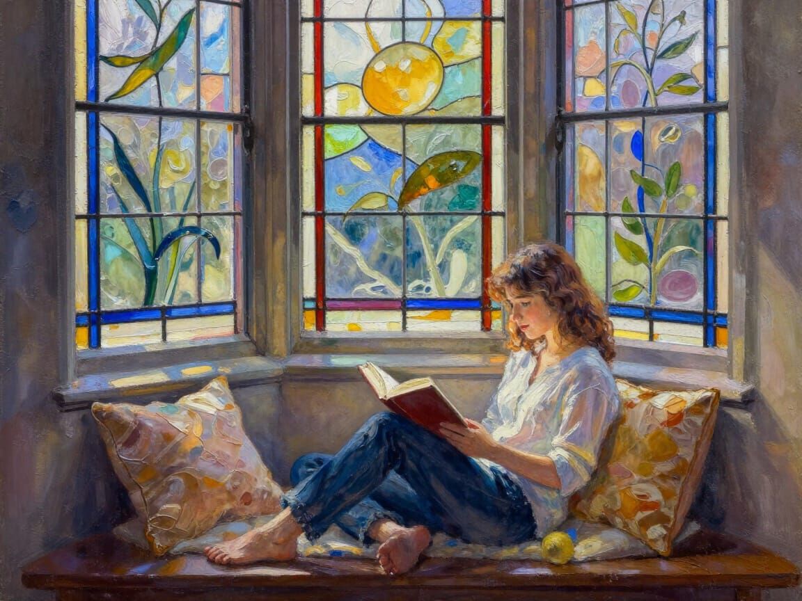 Stained Glass Reading Nook in Gouache and Watercolor Style