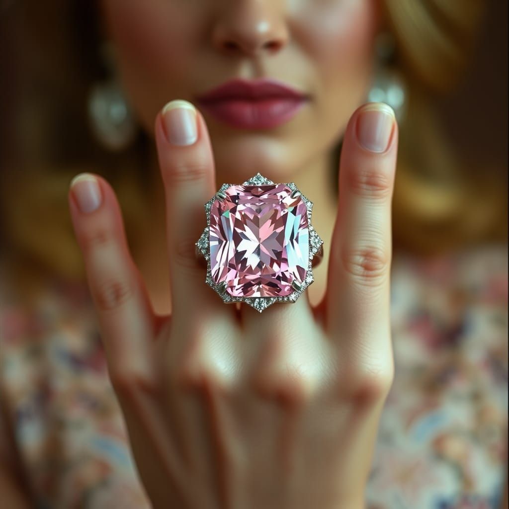 Humorous Close-up of Woman's Enormous Pink Diamond Ring