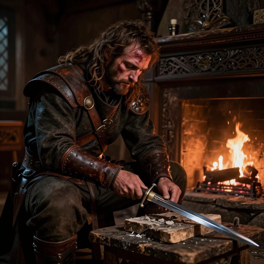 Warrior Cleaning Sword by Hearth Light in Chiaroscuro Style