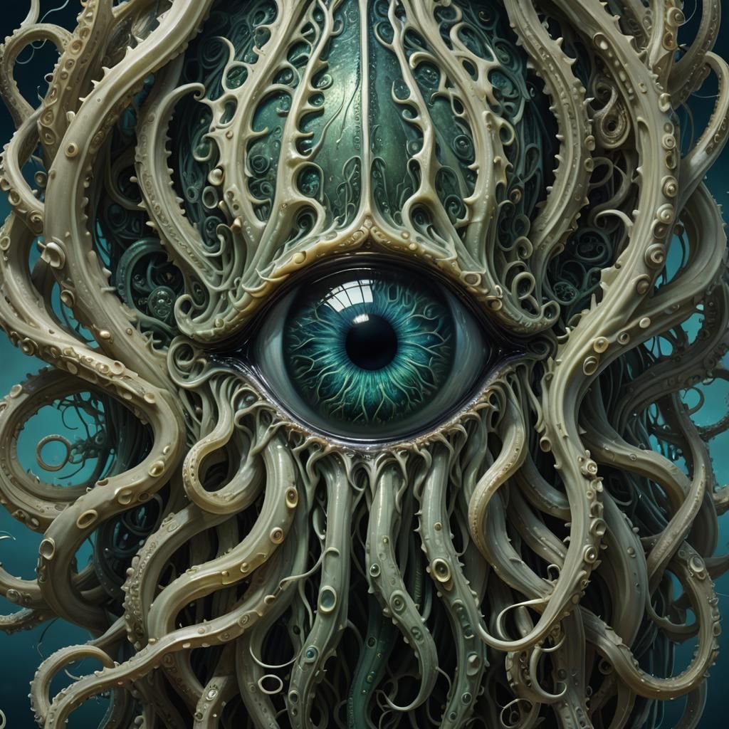 Intricate Bioluminescent Eye with Tentacles in Surreal Style