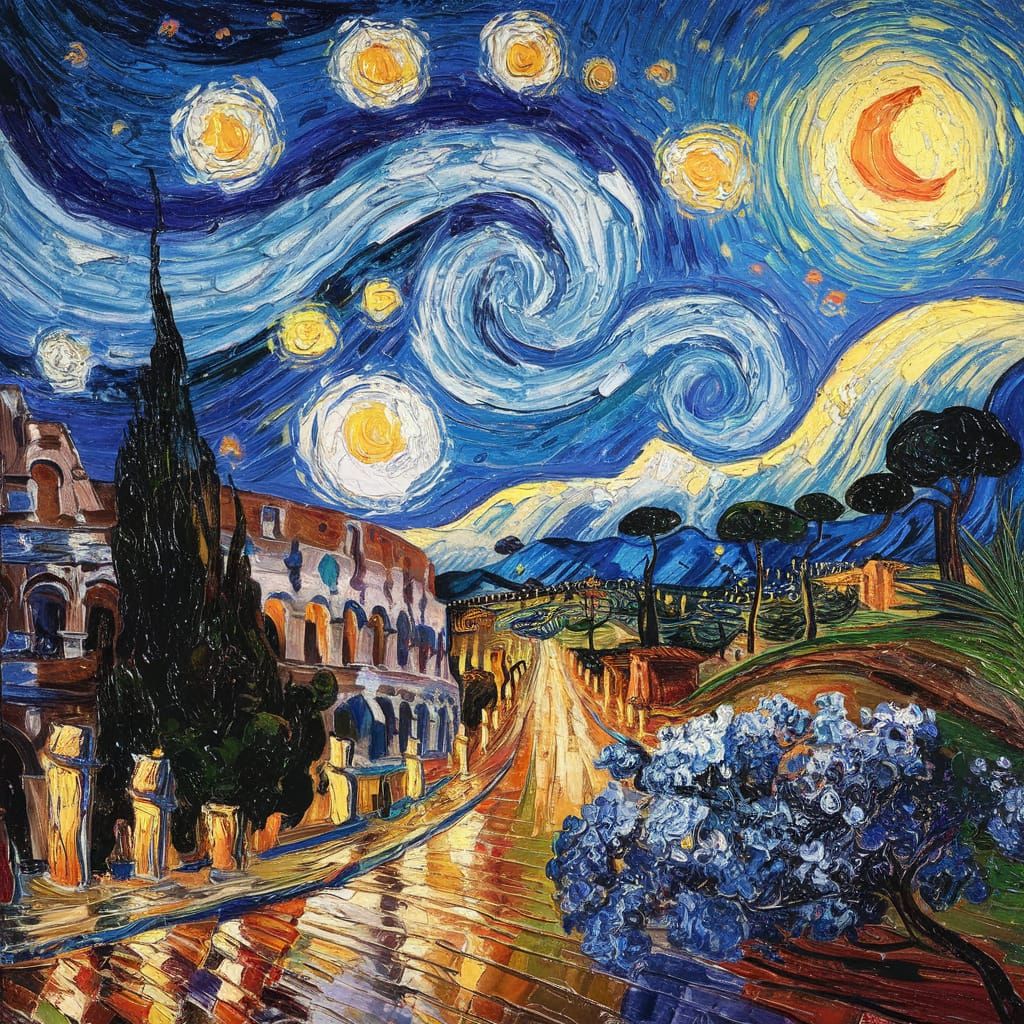 Surreal Rome Night Sky in Van Gogh Style