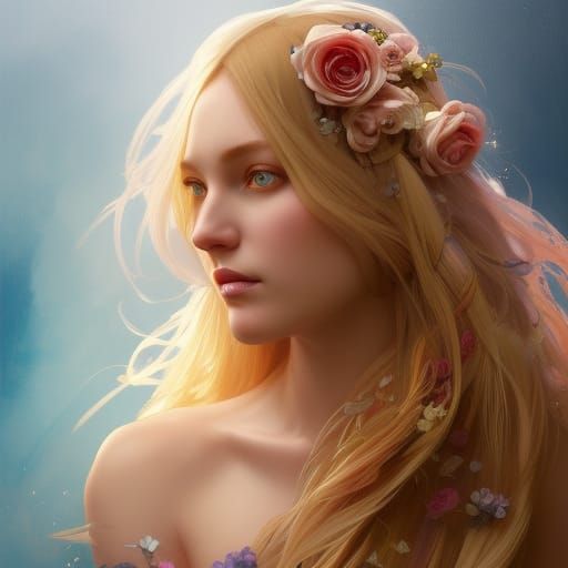 Golden Haired Girl Portrait in Art Nouveau Style