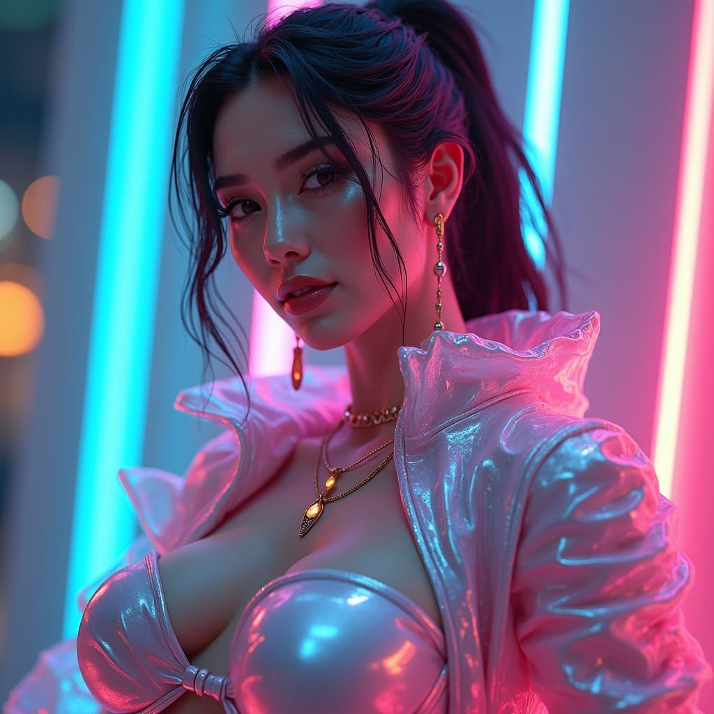 Radiant Woman in Cyberpunk Fashion, Digital Art