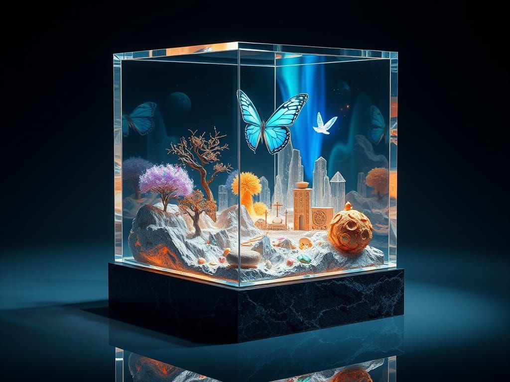 Ultra-photorealistic, ray-traced image of a crystal-clear glass cube sculpture, flawlessly transparent, with razor-sharp...