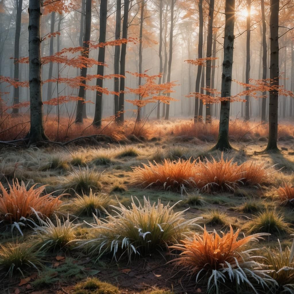 Autumn Forest Landscape with Frost in Golden Light