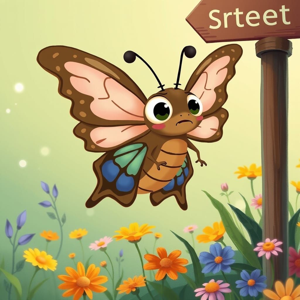 Confused Butterfly in Dreamy Meadow: Cartoon Illustration