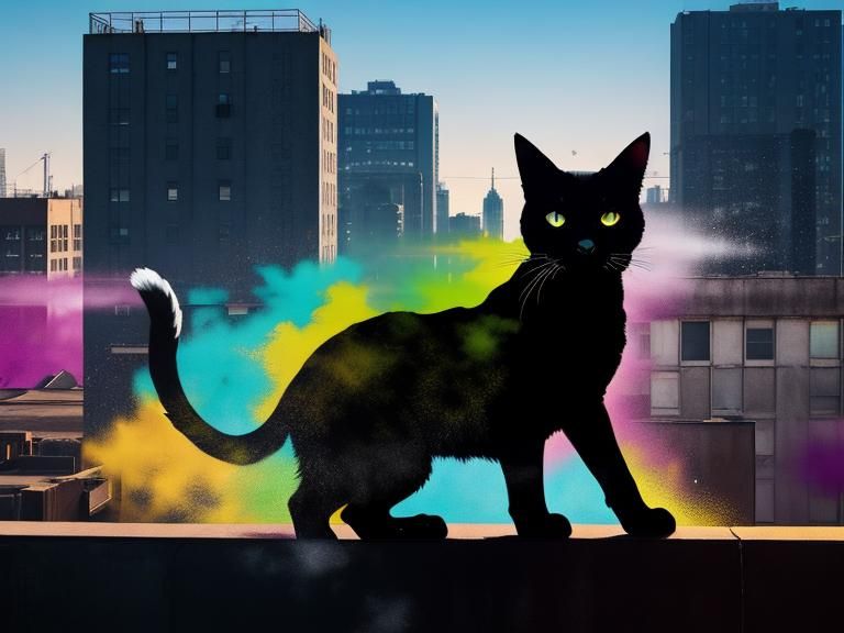 Cat Silhouette with Urban Rooftop in Street Art Style