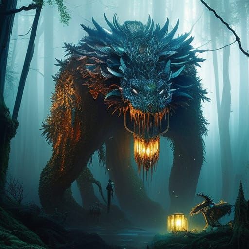 Bioluminescent Monster in Forest, Digital Art