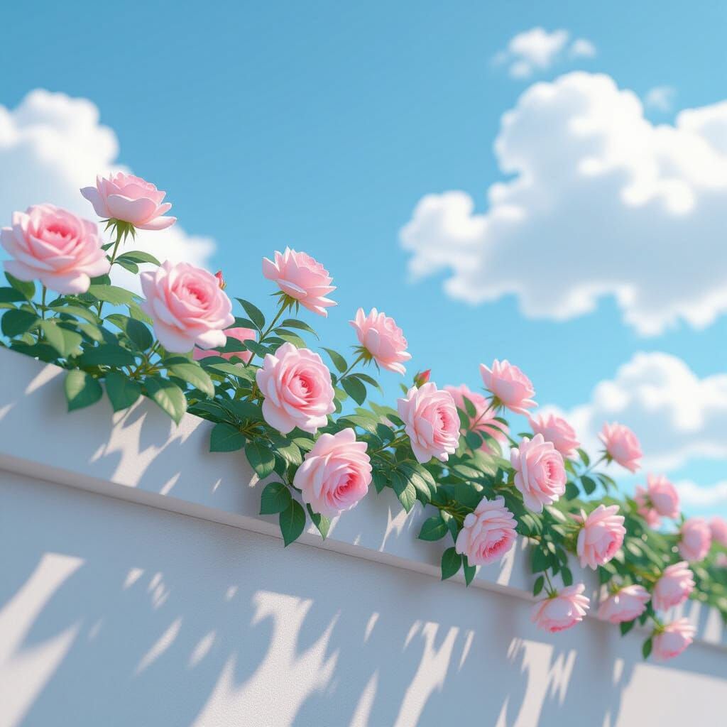 Pale Pink Roses Bloom Against Vivid Blue Sky
