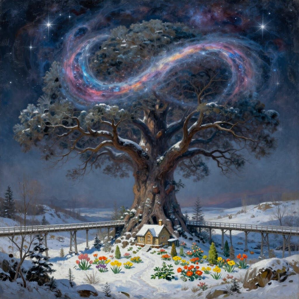 Colossal Winter Tree with House and Nebula Sky