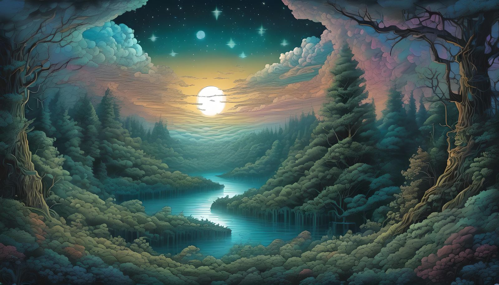 Moonlit Forest in Comic Book Style